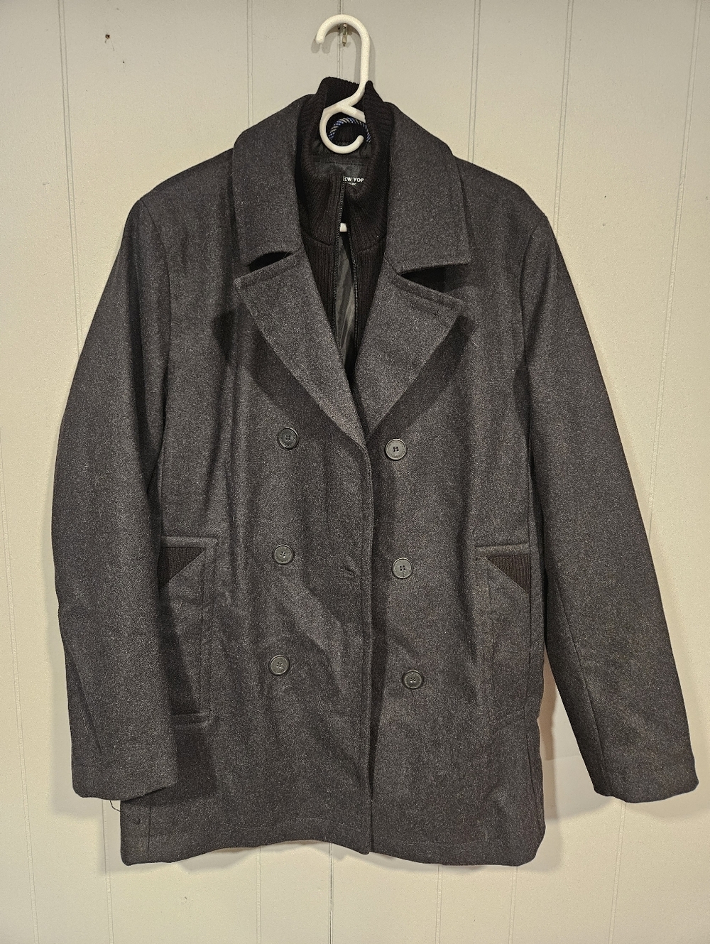 Marc New York Wool Blend Mens Small Peacoat Full Zip Inset Bib Double Breasted